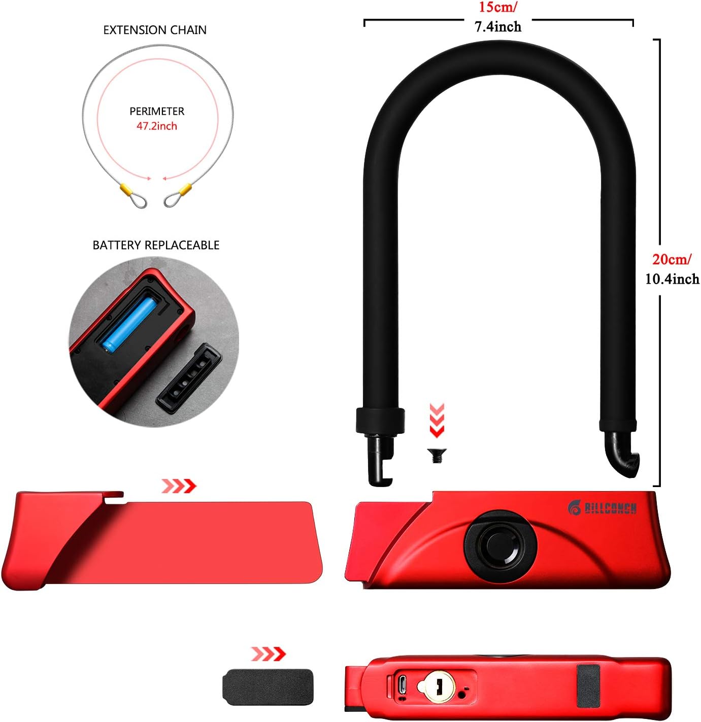 BILLCONCH Fingerprint +keys+App U Bike Lock，Waterproof Bike U-Lock with Cable, Duty U-Lock for Road Bike Mountain Bike Electric Bike Folding Bike, USB Charging (Red)