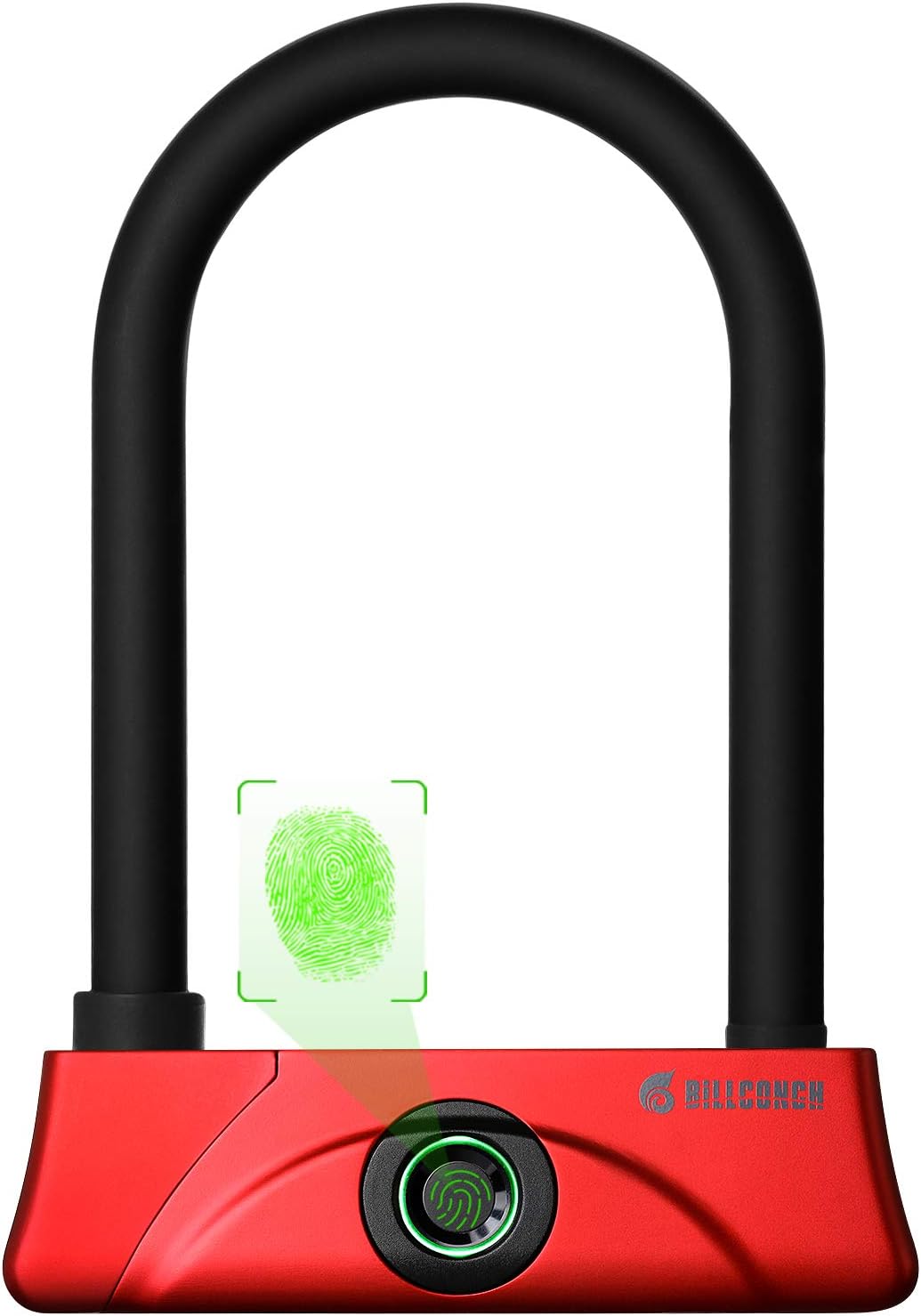 BILLCONCH Fingerprint +keys+App U Bike Lock，Waterproof Bike U-Lock with Cable, Duty U-Lock for Road Bike Mountain Bike Electric Bike Folding Bike, USB Charging (Red)