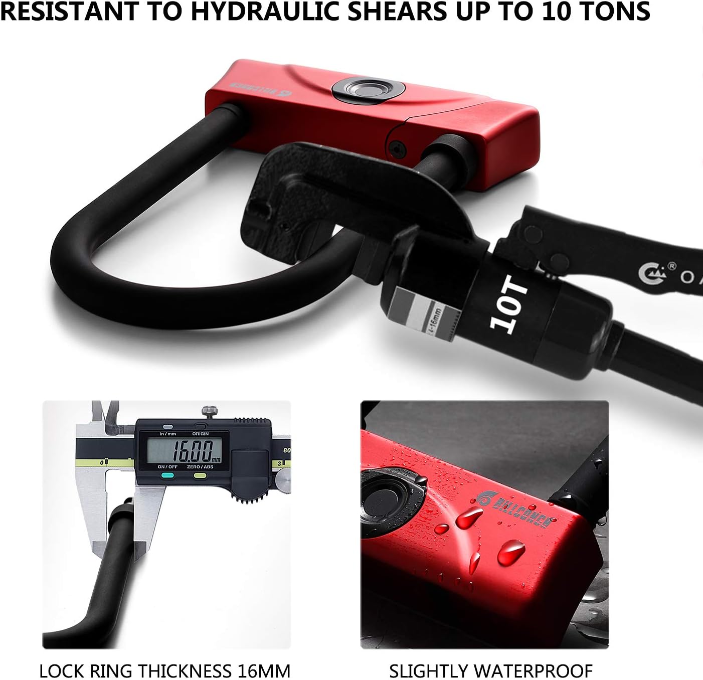 BILLCONCH Fingerprint +keys+App U Bike Lock，Waterproof Bike U-Lock with Cable, Duty U-Lock for Road Bike Mountain Bike Electric Bike Folding Bike, USB Charging (Red)