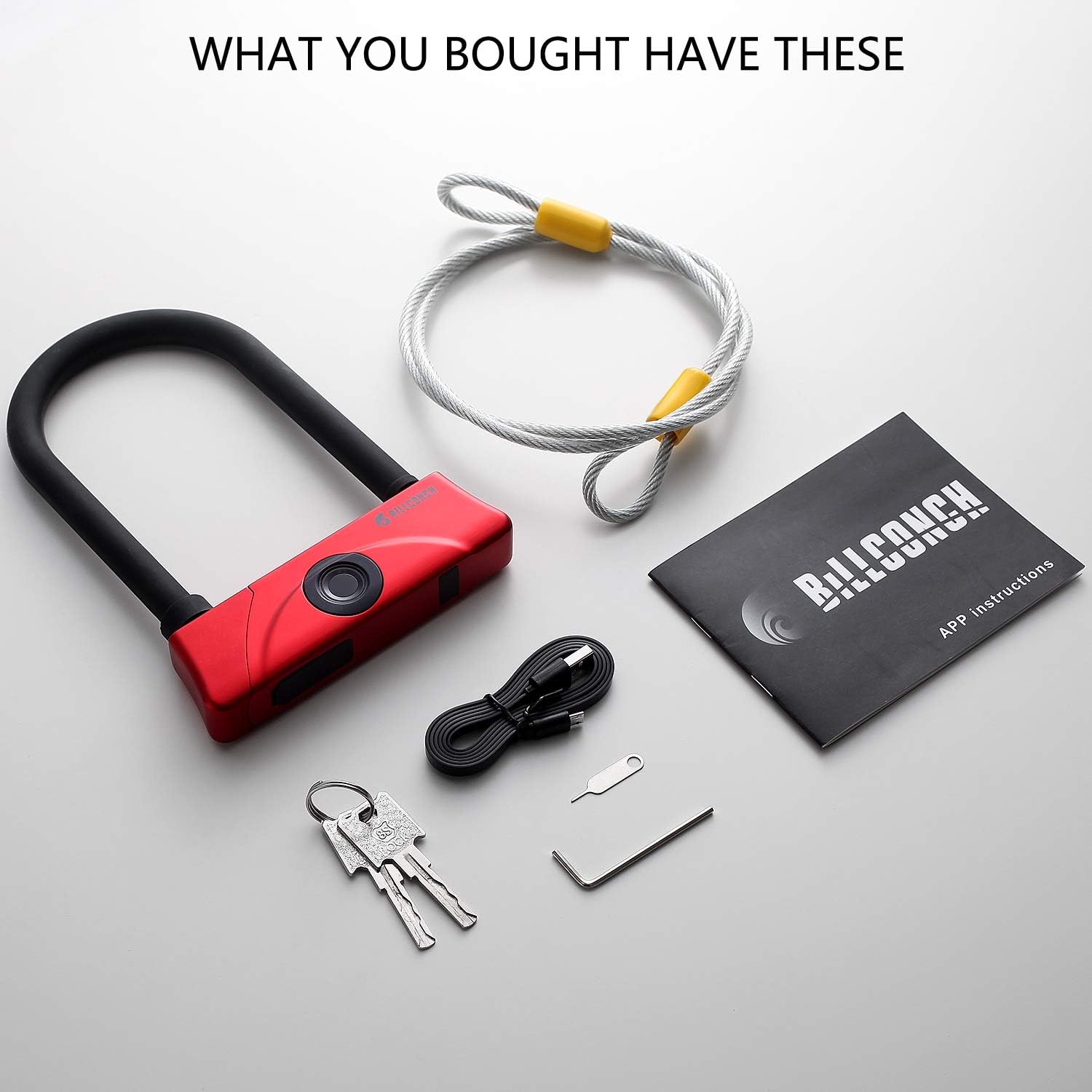 BILLCONCH Fingerprint +keys+App U Bike Lock，Waterproof Bike U-Lock with Cable, Duty U-Lock for Road Bike Mountain Bike Electric Bike Folding Bike, USB Charging (Red)