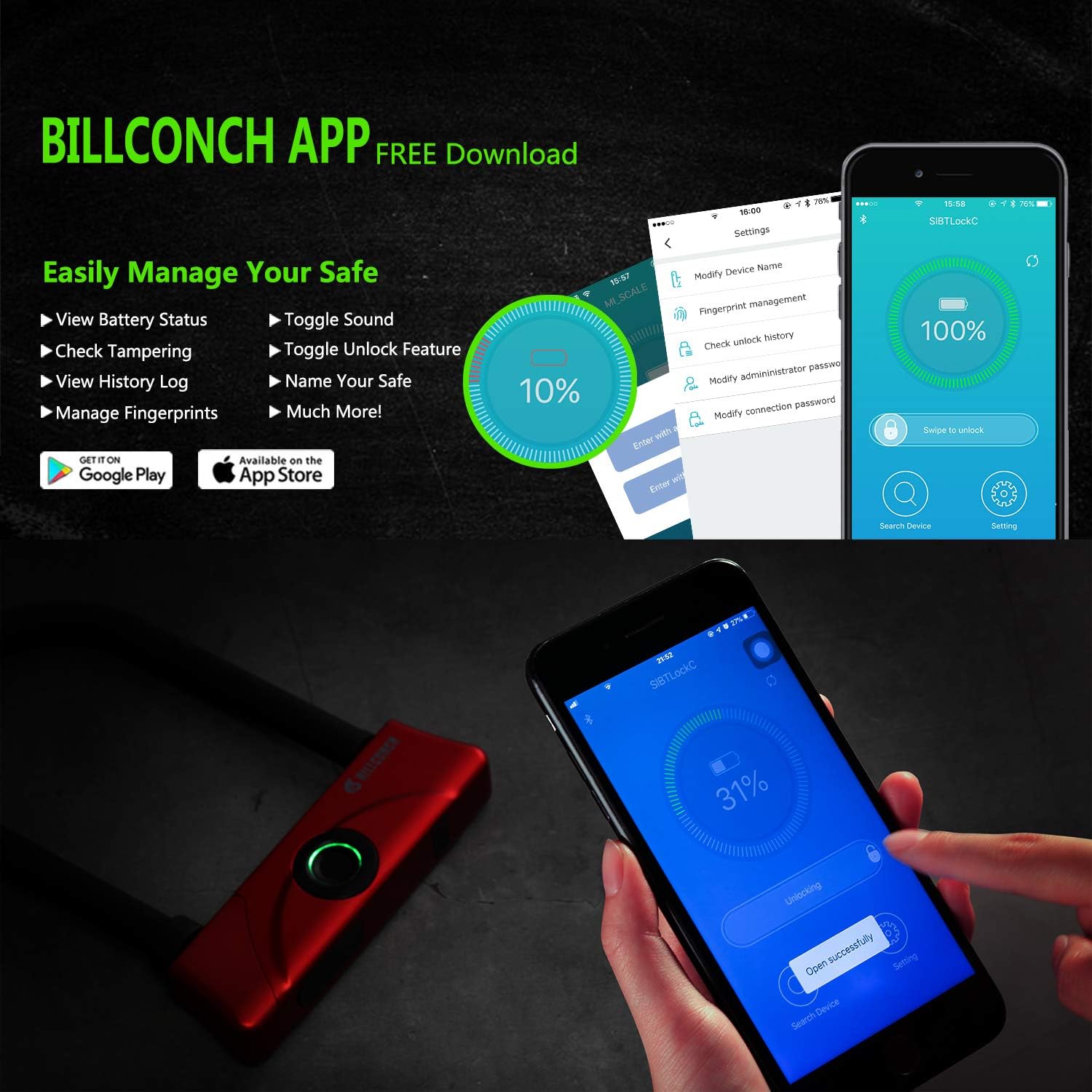 BILLCONCH Fingerprint +keys+App U Bike Lock，Waterproof Bike U-Lock with Cable, Duty U-Lock for Road Bike Mountain Bike Electric Bike Folding Bike, USB Charging (Red)