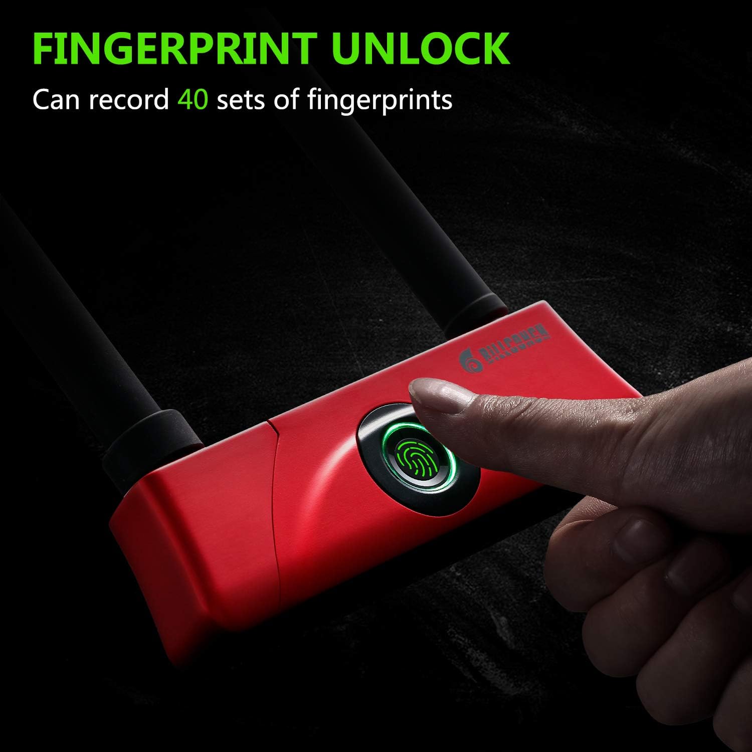 BILLCONCH Fingerprint +keys+App U Bike Lock，Waterproof Bike U-Lock with Cable, Duty U-Lock for Road Bike Mountain Bike Electric Bike Folding Bike, USB Charging (Red)