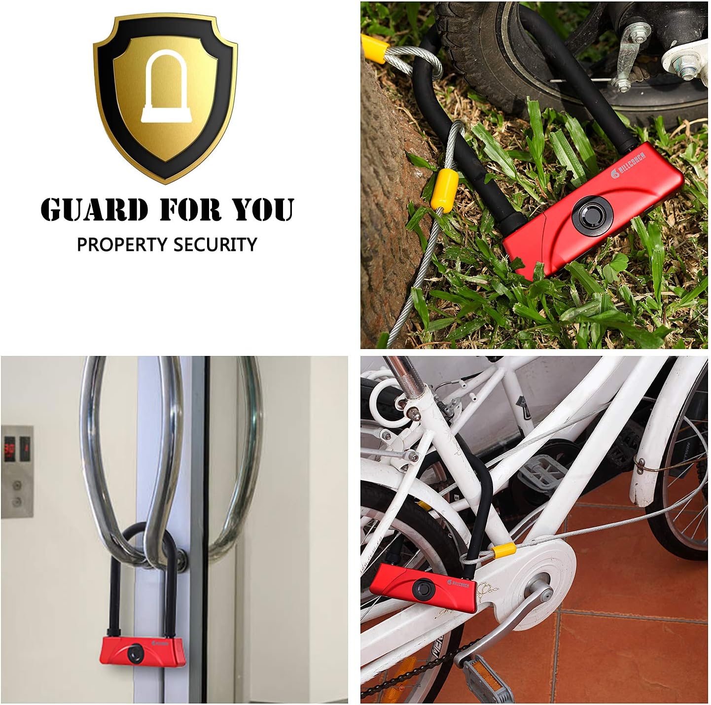 BILLCONCH Fingerprint +keys+App U Bike Lock，Waterproof Bike U-Lock with Cable, Duty U-Lock for Road Bike Mountain Bike Electric Bike Folding Bike, USB Charging (Red)