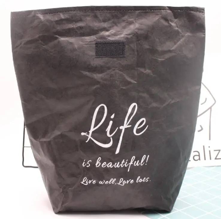 Paper lunch bag paper Waterproof Collapsible School Picnic Reusable Thermal Insulated Bag velcro patches Closure Large Capacity 11.8'' x12.2''