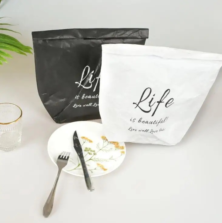 Paper lunch bag paper Waterproof Collapsible School Picnic Reusable Thermal Insulated Bag velcro patches Closure Large Capacity 11.8'' x12.2''