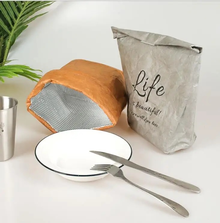 Paper lunch bag paper Waterproof Collapsible School Picnic Reusable Thermal Insulated Bag velcro patches Closure Large Capacity 11.8'' x12.2''