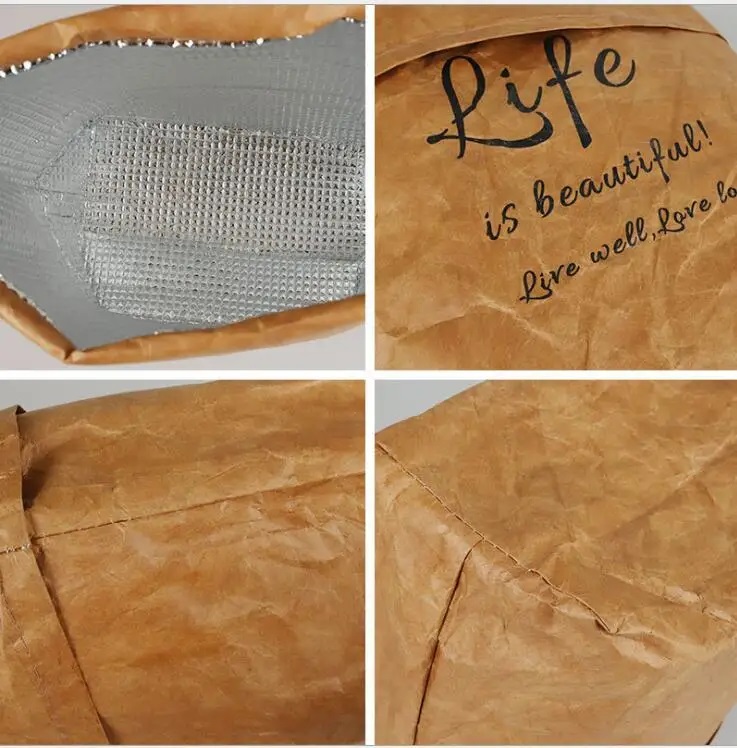 Paper lunch bag paper Waterproof Collapsible School Picnic Reusable Thermal Insulated Bag velcro patches Closure Large Capacity 11.8'' x12.2''