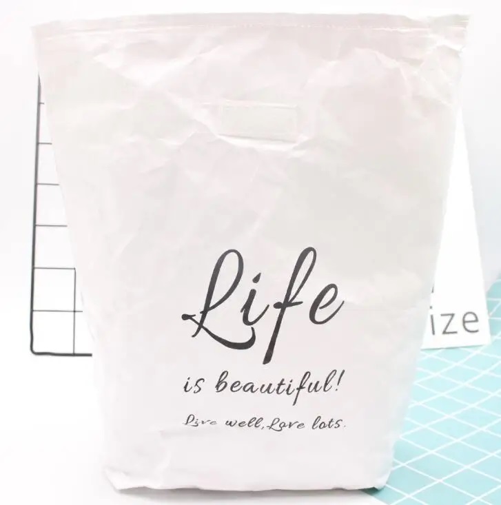 Paper lunch bag paper Waterproof Collapsible School Picnic Reusable Thermal Insulated Bag velcro patches Closure Large Capacity 11.8'' x12.2''