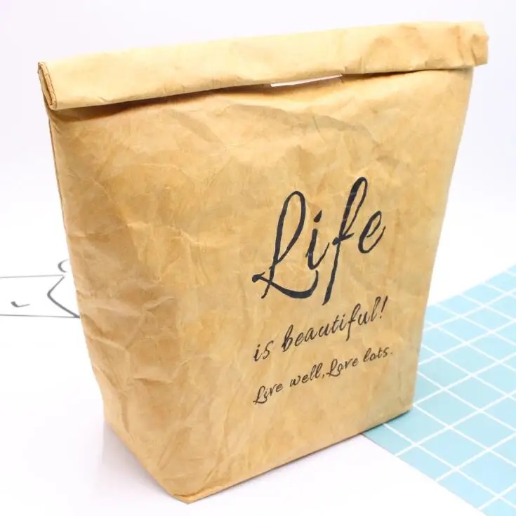 Paper lunch bag paper Waterproof Collapsible School Picnic Reusable Thermal Insulated Bag velcro patches Closure Large Capacity 11.8'' x12.2''