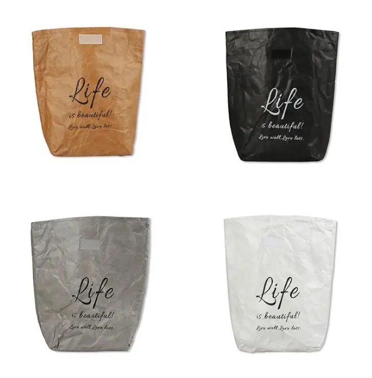 Paper lunch bag paper Waterproof Collapsible School Picnic Reusable Thermal Insulated Bag velcro patches Closure Large Capacity 11.8'' x12.2''